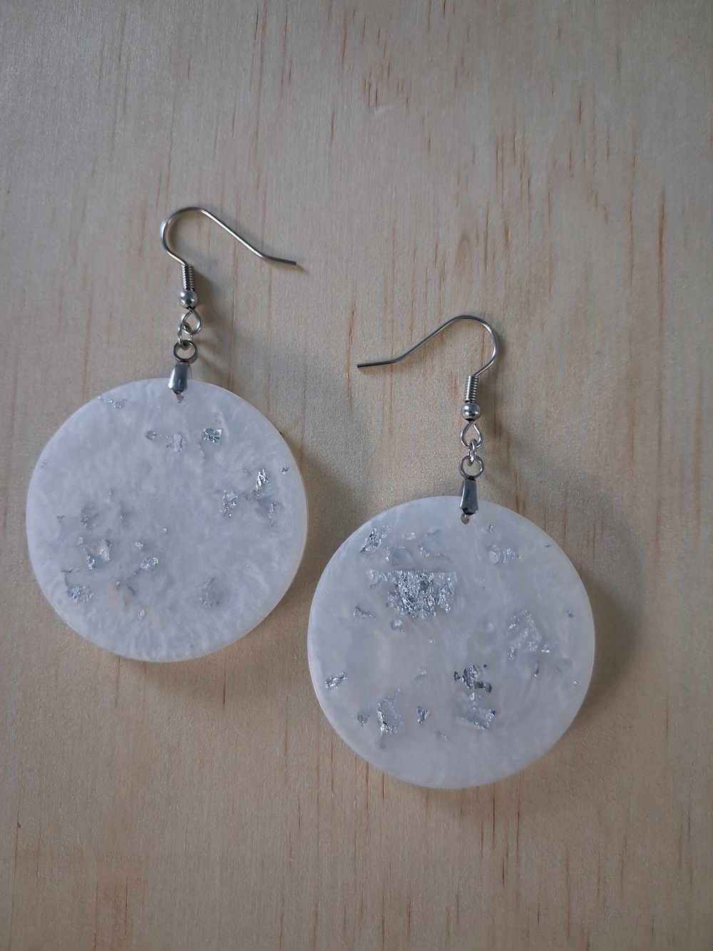 White Resin Disc Drop Earrings with Silver Accents